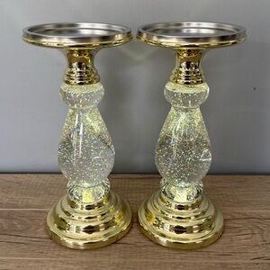 DILLARD'S Gold-tone Swirling Glitter LED Pedestal 3-Wick Candle Holder PAIR